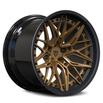 Custom forged 2-piece carbon fiber wheel in bronze finish, showcasing intricate design and luxury style.